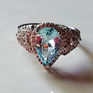 Pear Shaped Aquamarine Ring Size 8 Cubic Zirconium Crystal Accents S925 Silver
